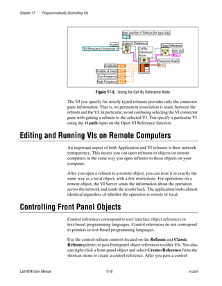 Chapter 17 Programmatically Controlling VIs
LabVIEW User Manual 17-8 ni.com
Figure 17-5. Using the Call By Reference Node
The VI you specify for strictly typed refnums provides only the connector
pane information. That is, no permanent association is made between the
refnum and the VI. In particular, avoid confusing selecting the VI connector
pane with getting a refnum to the selected VI. You specify a particular VI
using the vi path input on the Open VI Reference function.
Editing and Running VIs on Remote Computers
An important aspect of both Application and VI refnums is their network
transparency. This means you can open refnums to objects on remote
computers in the same way you open refnums to those objects on your
computer.
After you open a refnum to a remote object, you can treat it in exactly the
same way as a local object, with a few restrictions. For operations on a
remote object, the VI Server sends the information about the operation
across the network and sends the results back. The application looks almost
identical regardless of whether the operation is remote or local.
Controlling Front Panel Objects
Control references correspond to user interface object references in
text-based programming languages. Control references do not correspond
to pointers in text-based programming languages.
Use the control refnum controls located on the Refnum and Classic
Refnum palettes to pass front panel object references to other VIs. You also
can right-click a front panel object and select Create»Reference from the
shortcut menu to create a control reference. After you pass a control
 