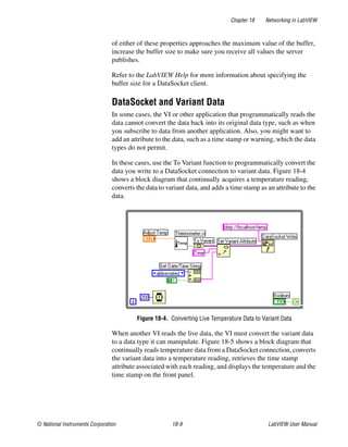 Chapter 18 Networking in LabVIEW
© National Instruments Corporation 18-9 LabVIEW User Manual
of either of these properties approaches the maximum value of the buffer,
increase the buffer size to make sure you receive all values the server
publishes.
Refer to the LabVIEW Help for more information about specifying the
buffer size for a DataSocket client.
DataSocket and Variant Data
In some cases, the VI or other application that programmatically reads the
data cannot convert the data back into its original data type, such as when
you subscribe to data from another application. Also, you might want to
add an attribute to the data, such as a time stamp or warning, which the data
types do not permit.
In these cases, use the To Variant function to programmatically convert the
data you write to a DataSocket connection to variant data. Figure 18-4
shows a block diagram that continually acquires a temperature reading,
converts the data to variant data, and adds a time stamp as an attribute to the
data.
Figure 18-4. Converting Live Temperature Data to Variant Data
When another VI reads the live data, the VI must convert the variant data
to a data type it can manipulate. Figure 18-5 shows a block diagram that
continually reads temperature data from a DataSocket connection, converts
the variant data into a temperature reading, retrieves the time stamp
attribute associated with each reading, and displays the temperature and the
time stamp on the front panel.
 