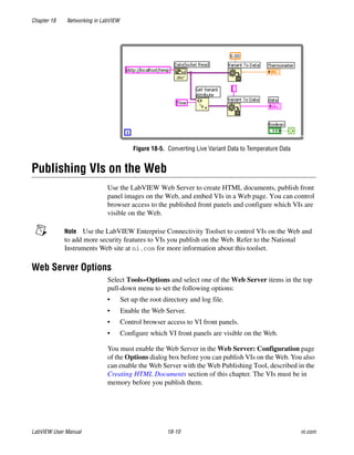 Chapter 18 Networking in LabVIEW
LabVIEW User Manual 18-10 ni.com
Figure 18-5. Converting Live Variant Data to Temperature Data
Publishing VIs on the Web
Use the LabVIEW Web Server to create HTML documents, publish front
panel images on the Web, and embed VIs in a Web page. You can control
browser access to the published front panels and configure which VIs are
visible on the Web.
Note Use the LabVIEW Enterprise Connectivity Toolset to control VIs on the Web and
to add more security features to VIs you publish on the Web. Refer to the National
Instruments Web site at ni.com for more information about this toolset.
Web Server Options
Select Tools»Options and select one of the Web Server items in the top
pull-down menu to set the following options:
• Set up the root directory and log file.
• Enable the Web Server.
• Control browser access to VI front panels.
• Configure which VI front panels are visible on the Web.
You must enable the Web Server in the Web Server: Configuration page
of the Options dialog box before you can publish VIs on the Web. You also
can enable the Web Server with the Web Publishing Tool, described in the
Creating HTML Documents section of this chapter. The VIs must be in
memory before you publish them.
 