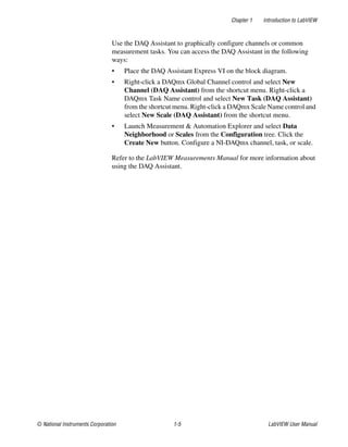 Chapter 1 Introduction to LabVIEW
© National Instruments Corporation 1-5 LabVIEW User Manual
Use the DAQ Assistant to graphically configure channels or common
measurement tasks. You can access the DAQ Assistant in the following
ways:
• Place the DAQ Assistant Express VI on the block diagram.
• Right-click a DAQmx Global Channel control and select New
Channel (DAQ Assistant) from the shortcut menu. Right-click a
DAQmx Task Name control and select New Task (DAQ Assistant)
from the shortcut menu. Right-click a DAQmx Scale Name control and
select New Scale (DAQ Assistant) from the shortcut menu.
• Launch Measurement & Automation Explorer and select Data
Neighborhood or Scales from the Configuration tree. Click the
Create New button. Configure a NI-DAQmx channel, task, or scale.
Refer to the LabVIEW Measurements Manual for more information about
using the DAQ Assistant.
 