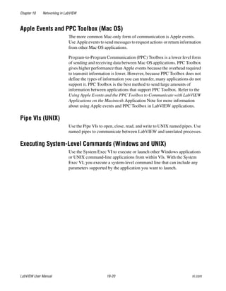 Chapter 18 Networking in LabVIEW
LabVIEW User Manual 18-20 ni.com
Apple Events and PPC Toolbox (Mac OS)
The more common Mac-only form of communication is Apple events.
Use Apple events to send messages to request actions or return information
from other Mac OS applications.
Program-to-Program Communication (PPC) Toolbox is a lower level form
of sending and receiving data between Mac OS applications. PPC Toolbox
gives higher performance than Apple events because the overhead required
to transmit information is lower. However, because PPC Toolbox does not
define the types of information you can transfer, many applications do not
support it. PPC Toolbox is the best method to send large amounts of
information between applications that support PPC Toolbox. Refer to the
Using Apple Events and the PPC Toolbox to Communicate with LabVIEW
Applications on the Macintosh Application Note for more information
about using Apple events and PPC Toolbox in LabVIEW applications.
Pipe VIs (UNIX)
Use the Pipe VIs to open, close, read, and write to UNIX named pipes. Use
named pipes to communicate between LabVIEW and unrelated processes.
Executing System-Level Commands (Windows and UNIX)
Use the System Exec VI to execute or launch other Windows applications
or UNIX command-line applications from within VIs. With the System
Exec VI, you execute a system-level command line that can include any
parameters supported by the application you want to launch.
 