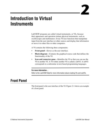 © National Instruments Corporation 2-1 LabVIEW User Manual
2Introduction to Virtual
Instruments
LabVIEW programs are called virtual instruments, or VIs, because
their appearance and operation imitate physical instruments, such as
oscilloscopes and multimeters. Every VI uses functions that manipulate
input from the user interface or other sources and display that information
or move it to other files or other computers.
A VI contains the following three components:
• Front panel—Serves as the user interface.
• Block diagram—Contains the graphical source code that defines the
functionality of the VI.
• Icon and connector pane—Identifies the VI so that you can use the
VI in another VI. A VI within another VI is called a subVI. A subVI
corresponds to a subroutine in text-based programming languages.
For more information…
Refer to the LabVIEW Help for more information about creating VIs and subVIs.
Front Panel
The front panel is the user interface of the VI. Figure 2-1 shows an example
of a front panel.
 