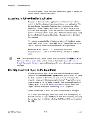 Chapter 19 Windows Connectivity
LabVIEW User Manual 19-8 ni.com
document and place it on the front panel. Both objects appear as automation
refnum controls on the block diagram.
Accessing an ActiveX-Enabled Application
To access an ActiveX-enabled application, use the automation refnum
control on the block diagram to create a reference to an application. Wire
the control to the Automation Open function, which opens the calling
application. Use the Property Node to select and access the properties
associated with the object. Use the Invoke Node to select and access the
methods associated with the object. Close the reference to the object using
the Close Reference function. Closing the reference removes the object
from memory.
For example, you can build a VI that opens Microsoft Excel so it appears
on the user’s screen, creates a workbook, creates a spreadsheet, creates a
table in LabVIEW, and writes that table to the Excel spreadsheet.
Refer to the Write Table To XL VI in the examplescomm
ExcelExamples.llb for an example of using LabVIEW as an Excel
client.
Note Applications that include ActiveX custom interfaces appear with a icon. Click
the icon to select an object for the custom interface. Refer to the Support for Custom
ActiveX Automation Interfaces section of this chapter for more information about custom
interfaces.
Inserting an ActiveX Object on the Front Panel
To insert an ActiveX object on the front panel, right-click the ActiveX
container, select Insert ActiveX Object from the shortcut menu, and select
the ActiveX control or document you want to insert. You can set the
properties for an ActiveX object using the ActiveX Property Browser or
property pages, or you can set the properties programmatically using the
Property Node. Refer to the Setting ActiveX Properties section of this
chapter for more information about setting ActiveX properties.
Use the Invoke Node to invoke the methods associated with the object.
For example, you can display a Web page on the front panel by using an
ActiveX container to access the Microsoft Web Browser control, selecting
the Navigate class of methods, selecting the URL method, and specifying
the URL.
 