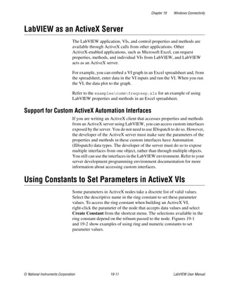 Chapter 19 Windows Connectivity
© National Instruments Corporation 19-11 LabVIEW User Manual
LabVIEW as an ActiveX Server
The LabVIEW application, VIs, and control properties and methods are
available through ActiveX calls from other applications. Other
ActiveX-enabled applications, such as Microsoft Excel, can request
properties, methods, and individual VIs from LabVIEW, and LabVIEW
acts as an ActiveX server.
For example, you can embed a VI graph in an Excel spreadsheet and, from
the spreadsheet, enter data in the VI inputs and run the VI. When you run
the VI, the data plot to the graph.
Refer to the examplescommfreqresp.xls for an example of using
LabVIEW properties and methods in an Excel spreadsheet.
Support for Custom ActiveX Automation Interfaces
If you are writing an ActiveX client that accesses properties and methods
from an ActiveX server using LabVIEW, you can access custom interfaces
exposed by the server. You do not need to use IDispatch to do so. However,
the developer of the ActiveX server must make sure the parameters of the
properties and methods in these custom interfaces have Automation
(IDispatch) data types. The developer of the server must do so to expose
multiple interfaces from one object, rather than through multiple objects.
You still can use the interfaces in the LabVIEW environment. Refer to your
server development programming environment documentation for more
information about accessing custom interfaces.
Using Constants to Set Parameters in ActiveX VIs
Some parameters in ActiveX nodes take a discrete list of valid values.
Select the descriptive name in the ring constant to set these parameter
values. To access the ring constant when building an ActiveX VI,
right-click the parameter of the node that accepts data values and select
Create Constant from the shortcut menu. The selections available in the
ring constant depend on the refnum passed to the node. Figures 19-1
and 19-2 show examples of using ring and numeric constants to set
parameter values.
 