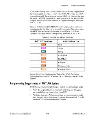 Chapter 21 Formulas and Equations
© National Instruments Corporation 21-5 LabVIEW User Manual
If you do not already have a script written, you can place a script node on
the block diagram and create a script using MATLAB syntax. LabVIEW
communicates with the script server engine, which is a program that runs
the script. LabVIEW communicates and controls the script server engine
using an industry-established protocol. A script server engine is installed
with MATLAB.
Because of the nature of the MATLAB script language, the script node
cannot determine the data type of terminals you created. You must assign a
LabVIEW data type to each script node terminal.Table 21-1 shows
LabVIEW data types and the corresponding data types in MATLAB.
Use the Conversion functions or the String/Array/Path Conversion
functions to convert a LabVIEW data type to a data type that MATLAB
supports.
Programming Suggestions for MATLAB Scripts
The following programming techniques make it easier to debug a script:
• Write the script and run it in MATLAB for testing and debugging
purposes before you import it into LabVIEW.
• Verify the data types. When you create a new input or output, make
sure the data type of the terminal is correct. You can use the Error In
and Error Out functions to keep track of this.
Table 21-1. LabVIEW and MATLAB Data Types
LabVIEW Data Type MATLAB Data Type
Real
String
String
Real Vector
Real Matrix
Complex
Complex Vector
Complex Matrix
 