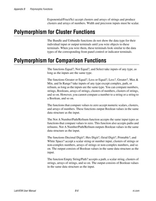 Appendix B Polymorphic Functions
LabVIEW User Manual B-6 ni.com
Exponential/Fract/Sci accept clusters and arrays of strings and produce
clusters and arrays of numbers. Width and precision inputs must be scalar.
Polymorphism for Cluster Functions
The Bundle and Unbundle functions do not show the data type for their
individual input or output terminals until you wire objects to these
terminals. When you wire them, these terminals look similar to the data
types of the corresponding front panel control or indicator terminals.
Polymorphism for Comparison Functions
The functions Equal?, Not Equal?, and Select take inputs of any type, as
long as the inputs are the same type.
The functions Greater or Equal?, Less or Equal?, Less?, Greater?, Max &
Min, and In Range? take inputs of any type except complex, path, or
refnum, as long as the inputs are the same type. You can compare numbers,
strings, Booleans, arrays of strings, clusters of numbers, clusters of strings,
and so on. However, you cannot compare a number to a string or a string to
a Boolean, and so on.
The functions that compare values to zero accept numeric scalars, clusters,
and arrays of numbers. These functions output Boolean values in the same
data structure as the input.
The Not A Number/Path/Refnum function accepts the same input types as
functions that compare values to zero. This function also accepts paths and
refnums. Not A Number/Path/Refnum outputs Boolean values in the same
data structure as the input.
The functions Decimal Digit?, Hex Digit?, Octal Digit?, Printable?, and
White Space? accept a scalar string or number input, clusters of strings or
non-complex numbers, arrays of strings or non-complex numbers, and so
on. The output consists of Boolean values in the same data structure as the
input.
The function Empty String/Path? accepts a path, a scalar string, clusters of
strings, arrays of strings, and so on. The output consists of Boolean values
in the same data structure as the input.
 