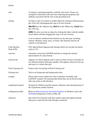 Glossary
LabVIEW User Manual G-4 ni.com
class A category containing properties, methods, and events. Classes are
arranged in a hierarchy with each class inheriting the properties and
methods associated with the class in the preceding level.
cloning To make a copy of a control or another object by clicking it while pressing
the <Ctrl> key and dragging the copy to its new location.
(Mac OS) Press the <Option> key. (Sun) Press the <Meta> key. (Linux) Press
the <Alt> key.
(UNIX) You also can clone an object by clicking the object with the middle
mouse button and then dragging the copy to its new location.
cluster A set of ordered, unindexed data elements of any data type, including
numeric, Boolean, string, array, or cluster. The elements must be all
controls or all indicators.
Code Interface
Node (CIN)
CIN. Special block diagram node through which you can link text-based
code to a VI.
coercion Automatic conversion LabVIEW performs to change the numeric
representation of a data element.
coercion dot Appears on a block diagram node to alert you that you have wired data of
two different numeric data types together. Also appears when you wire any
data type to a variant data type.
Color Copying tool Copies colors for pasting with the Coloring tool.
Coloring tool Tool to set foreground and background colors.
compile Process that converts high-level code to machine-executable code.
LabVIEW compiles VIs automatically before they run for the first time
after you create or edit alteration.
conditional terminal Terminal of a While Loop that contains a Boolean value that determines if
the VI performs another iteration.
configuration utility Refers to Measurement & Automation Explorer on Windows and to the
NI-DAQ Configuration Utility on Mac OS.
connector Part of the VI or function node that contains input and output terminals.
Data pass to and from the node through a connector.
 