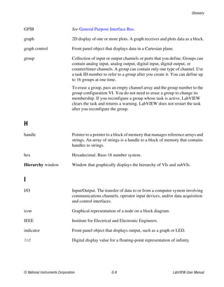 Glossary
© National Instruments Corporation G-9 LabVIEW User Manual
GPIB See General Purpose Interface Bus.
graph 2D display of one or more plots. A graph receives and plots data as a block.
graph control Front panel object that displays data in a Cartesian plane.
group Collection of input or output channels or ports that you define. Groups can
contain analog input, analog output, digital input, digital output, or
counter/timer channels. A group can contain only one type of channel. Use
a task ID number to refer to a group after you create it. You can define up
to 16 groups at one time.
To erase a group, pass an empty channel array and the group number to the
group configuration VI. You do not need to erase a group to change its
membership. If you reconfigure a group whose task is active, LabVIEW
clears the task and returns a warning. LabVIEW does not restart the task
after you reconfigure the group.
H
handle Pointer to a pointer to a block of memory that manages reference arrays and
strings. An array of strings is a handle to a block of memory that contains
handles to strings.
hex Hexadecimal. Base-16 number system.
Hierarchy window Window that graphically displays the hierarchy of VIs and subVIs.
I
I/O Input/Output. The transfer of data to or from a computer system involving
communications channels, operator input devices, and/or data acquisition
and control interfaces.
icon Graphical representation of a node on a block diagram.
IEEE Institute for Electrical and Electronic Engineers.
indicator Front panel object that displays output, such as a graph or LED.
Inf Digital display value for a floating-point representation of infinity.
 