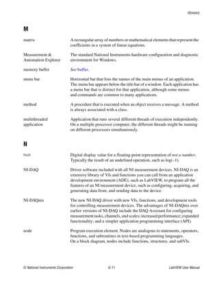 Glossary
© National Instruments Corporation G-11 LabVIEW User Manual
M
matrix A rectangular array of numbers or mathematical elements that represent the
coefficients in a system of linear equations.
Measurement &
Automation Explorer
The standard National Instruments hardware configuration and diagnostic
environment for Windows.
memory buffer See buffer.
menu bar Horizontal bar that lists the names of the main menus of an application.
The menu bar appears below the title bar of a window. Each application has
a menu bar that is distinct for that application, although some menus
and commands are common to many applications.
method A procedure that is executed when an object receives a message. A method
is always associated with a class.
multithreaded
application
Application that runs several different threads of execution independently.
On a multiple processor computer, the different threads might be running
on different processors simultaneously.
N
NaN Digital display value for a floating-point representation of not a number.
Typically the result of an undefined operation, such as log(–1).
NI-DAQ Driver software included with all NI measurement devices. NI-DAQ is an
extensive library of VIs and functions you can call from an application
development environment (ADE), such as LabVIEW, to program all the
features of an NI measurement device, such as configuring, acquiring, and
generating data from, and sending data to the device.
NI-DAQmx The new NI-DAQ driver with new VIs, functions, and development tools
for controlling measurement devices. The advantages of NI-DAQmx over
earlier versions of NI-DAQ include the DAQ Assistant for configuring
measurement tasks, channels, and scales; increased performance; expanded
functionality; and a simpler application programming interface (API).
node Program execution element. Nodes are analogous to statements, operators,
functions, and subroutines in text-based programming languages.
On a block diagram, nodes include functions, structures, and subVIs.
 