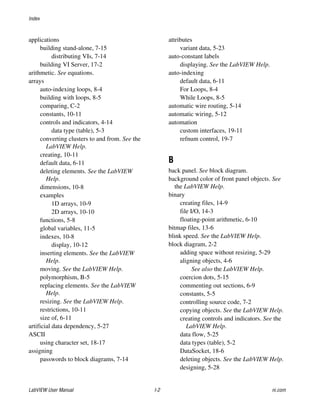 Index
LabVIEW User Manual I-2 ni.com
applications
building stand-alone, 7-15
distributing VIs, 7-14
building VI Server, 17-2
arithmetic. See equations.
arrays
auto-indexing loops, 8-4
building with loops, 8-5
comparing, C-2
constants, 10-11
controls and indicators, 4-14
data type (table), 5-3
converting clusters to and from. See the
LabVIEW Help.
creating, 10-11
default data, 6-11
deleting elements. See the LabVIEW
Help.
dimensions, 10-8
examples
1D arrays, 10-9
2D arrays, 10-10
functions, 5-8
global variables, 11-5
indexes, 10-8
display, 10-12
inserting elements. See the LabVIEW
Help.
moving. See the LabVIEW Help.
polymorphism, B-5
replacing elements. See the LabVIEW
Help.
resizing. See the LabVIEW Help.
restrictions, 10-11
size of, 6-11
artificial data dependency, 5-27
ASCII
using character set, 18-17
assigning
passwords to block diagrams, 7-14
attributes
variant data, 5-23
auto-constant labels
displaying. See the LabVIEW Help.
auto-indexing
default data, 6-11
For Loops, 8-4
While Loops, 8-5
automatic wire routing, 5-14
automatic wiring, 5-12
automation
custom interfaces, 19-11
refnum control, 19-7
B
back panel. See block diagram.
background color of front panel objects. See
the LabVIEW Help.
binary
creating files, 14-9
file I/O, 14-3
floating-point arithmetic, 6-10
bitmap files, 13-6
blink speed. See the LabVIEW Help.
block diagram, 2-2
adding space without resizing, 5-29
aligning objects, 4-6
See also the LabVIEW Help.
coercion dots, 5-15
commenting out sections, 6-9
constants, 5-5
controlling source code, 7-2
copying objects. See the LabVIEW Help.
creating controls and indicators. See the
LabVIEW Help.
data flow, 5-25
data types (table), 5-2
DataSocket, 18-6
deleting objects. See the LabVIEW Help.
designing, 5-28
 