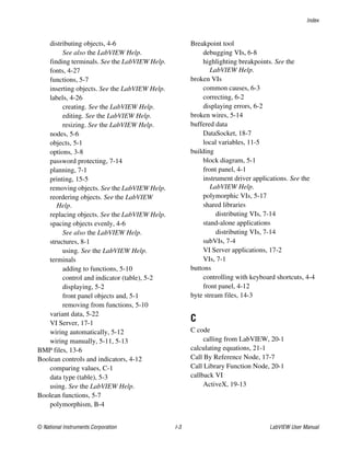 Index
© National Instruments Corporation I-3 LabVIEW User Manual
distributing objects, 4-6
See also the LabVIEW Help.
finding terminals. See the LabVIEW Help.
fonts, 4-27
functions, 5-7
inserting objects. See the LabVIEW Help.
labels, 4-26
creating. See the LabVIEW Help.
editing. See the LabVIEW Help.
resizing. See the LabVIEW Help.
nodes, 5-6
objects, 5-1
options, 3-8
password protecting, 7-14
planning, 7-1
printing, 15-5
removing objects. See the LabVIEW Help.
reordering objects. See the LabVIEW
Help.
replacing objects. See the LabVIEW Help.
spacing objects evenly, 4-6
See also the LabVIEW Help.
structures, 8-1
using. See the LabVIEW Help.
terminals
adding to functions, 5-10
control and indicator (table), 5-2
displaying, 5-2
front panel objects and, 5-1
removing from functions, 5-10
variant data, 5-22
VI Server, 17-1
wiring automatically, 5-12
wiring manually, 5-11, 5-13
BMP files, 13-6
Boolean controls and indicators, 4-12
comparing values, C-1
data type (table), 5-3
using. See the LabVIEW Help.
Boolean functions, 5-7
polymorphism, B-4
Breakpoint tool
debugging VIs, 6-8
highlighting breakpoints. See the
LabVIEW Help.
broken VIs
common causes, 6-3
correcting, 6-2
displaying errors, 6-2
broken wires, 5-14
buffered data
DataSocket, 18-7
local variables, 11-5
building
block diagram, 5-1
front panel, 4-1
instrument driver applications. See the
LabVIEW Help.
polymorphic VIs, 5-17
shared libraries
distributing VIs, 7-14
stand-alone applications
distributing VIs, 7-14
subVIs, 7-4
VI Server applications, 17-2
VIs, 7-1
buttons
controlling with keyboard shortcuts, 4-4
front panel, 4-12
byte stream files, 14-3
C
C code
calling from LabVIEW, 20-1
calculating equations, 21-1
Call By Reference Node, 17-7
Call Library Function Node, 20-1
callback VI
ActiveX, 19-13
 