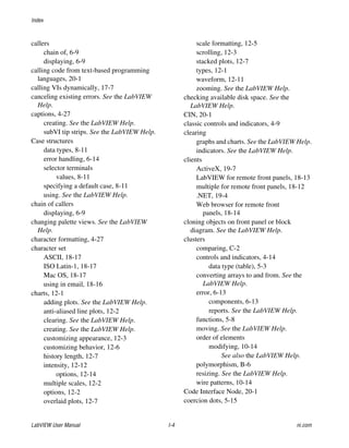 Index
LabVIEW User Manual I-4 ni.com
callers
chain of, 6-9
displaying, 6-9
calling code from text-based programming
languages, 20-1
calling VIs dynamically, 17-7
canceling existing errors. See the LabVIEW
Help.
captions, 4-27
creating. See the LabVIEW Help.
subVI tip strips. See the LabVIEW Help.
Case structures
data types, 8-11
error handling, 6-14
selector terminals
values, 8-11
specifying a default case, 8-11
using. See the LabVIEW Help.
chain of callers
displaying, 6-9
changing palette views. See the LabVIEW
Help.
character formatting, 4-27
character set
ASCII, 18-17
ISO Latin-1, 18-17
Mac OS, 18-17
using in email, 18-16
charts, 12-1
adding plots. See the LabVIEW Help.
anti-aliased line plots, 12-2
clearing. See the LabVIEW Help.
creating. See the LabVIEW Help.
customizing appearance, 12-3
customizing behavior, 12-6
history length, 12-7
intensity, 12-12
options, 12-14
multiple scales, 12-2
options, 12-2
overlaid plots, 12-7
scale formatting, 12-5
scrolling, 12-3
stacked plots, 12-7
types, 12-1
waveform, 12-11
zooming. See the LabVIEW Help.
checking available disk space. See the
LabVIEW Help.
CIN, 20-1
classic controls and indicators, 4-9
clearing
graphs and charts. See the LabVIEW Help.
indicators. See the LabVIEW Help.
clients
ActiveX, 19-7
LabVIEW for remote front panels, 18-13
multiple for remote front panels, 18-12
.NET, 19-4
Web browser for remote front
panels, 18-14
cloning objects on front panel or block
diagram. See the LabVIEW Help.
clusters
comparing, C-2
controls and indicators, 4-14
data type (table), 5-3
converting arrays to and from. See the
LabVIEW Help.
error, 6-13
components, 6-13
reports. See the LabVIEW Help.
functions, 5-8
moving. See the LabVIEW Help.
order of elements
modifying, 10-14
See also the LabVIEW Help.
polymorphism, B-6
resizing. See the LabVIEW Help.
wire patterns, 10-14
Code Interface Node, 20-1
coercion dots, 5-15
 