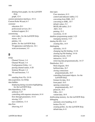 Index
LabVIEW User Manual I-8 ni.com
deleting from graphs. See the LabVIEW
Help.
graph, 12-4
custom automation interfaces, 19-11
Custom Probe Wizard, 6-7
customer
education, D-1
professional services, D-1
technical support, D-1
customizing
error codes. See the LabVIEW Help.
menus, 16-2
palettes, 3-6
probes. See the LabVIEW Help.
VI appearance and behavior, 16-1
work environment, 3-5
D
DAQ
Channel Viewer, 1-4
Channel Wizard, 1-4
Configuration Utility, 1-4
passing channel names, 4-20
Solution Wizard, 1-4
VIs and functions, 7-3
data
emailing from VIs, 18-16
data acquisition. See DAQ.
data bubbles
displaying during execution highlighting.
See the LabVIEW Help.
data dependency, 5-26
artificial, 5-27
controlling with sequence structures, 8-14
flow-through parameters, 14-11
missing, 5-27
race conditions, 11-4
data flow
observing, 6-5
data types
Case structures, 8-11
control and indicator (table), 5-2
converting from XML, 10-7
converting to XML, 10-7
default values, 5-2
MATLAB (table), 21-5
.NET, 19-5
printing, 15-3
waveform, 12-18
dataflow programming model, 5-25
managing memory, 5-27
datalog file I/O, 14-4
creating files, 14-9
datalogging
automatic, 14-15
changing log-file binding, 14-16
clearing log-file binding, 14-16
deleting records, 14-16
interactive, 14-15
retrieving data programmatically, 14-17
DataSocket, 18-2
block diagram, 18-6
buffered data, 18-7
closing connections
programmatically, 18-7
controlling front panel objects. See the
LabVIEW Help.
formats for data, 18-4
front panel, 18-5
opening connections
programmatically, 18-7
protocols, 18-3
URLs, 18-3
variant data, 18-9
deallocating memory. See the LabVIEW Help.
debugging
automatic error handling, 6-12
broken VIs, 6-2
creating probes. See the LabVIEW Help.
default data, 6-11
 