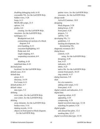 Index
© National Instruments Corporation I-9 LabVIEW User Manual
disabling debugging tools, 6-10
executable VIs. See the LabVIEW Help.
hidden wires, 5-28
loops, 6-11
MATLAB scripts, 21-5
options, 3-8
probes, 6-6
creating. See the LabVIEW Help.
structures. See the LabVIEW Help.
techniques, 6-3
Breakpoint tool, 6-8
commenting out sections of a block
diagram, 6-9
error handling, 6-12
execution highlighting, 6-5
Probe tool, 6-6
single-stepping, 6-5
suspending execution, 6-9
tools
disabling, 6-10
undefined data, 6-10
decimal point
localized. See the LabVIEW Help.
default cases, 8-11
default data
arrays, 6-11
directory, 14-19
For Loops, 6-11
default probes, 6-7
default values
data types, 5-2
defining
error codes. See the LabVIEW Help.
user colors. See the LabVIEW Help.
deleting
array elements. See the LabVIEW Help.
broken wires, 5-14
datalog records, 14-16
objects on front panel or block diagram.
See the LabVIEW Help.
palette views. See the LabVIEW Help.
structures. See the LabVIEW Help.
design mode
ActiveX Container, 19-9
designing
block diagram, 5-28
dialog boxes, 4-29
front panel, 4-28
projects, 7-1
subVIs, 7-10
developing VIs, 7-1
guidelines, 1-2
tracking development. See
documenting VIs.
diagnostic resources, D-1
dialog boxes
controls, 4-25
using. See the LabVIEW Help.
designing, 4-29
font, 4-27
indicators, 4-25
labels, 4-25
native file. See the LabVIEW Help.
remote front panels, 18-15
ring controls, 4-17
dialog functions, 5-9
dials
See also numerics.
adding color ramps, 4-12
front panel, 4-10
digital controls and indicators, 4-11
digital data
acquiring subset, 4-22
appending, 4-24
compressing, 4-24
digital waveform data type, 12-18
searching for pattern, 4-24
digital graphs
anti-aliased line plots, 12-2
masking data, 12-17
digital waveform data type, 12-18
 
