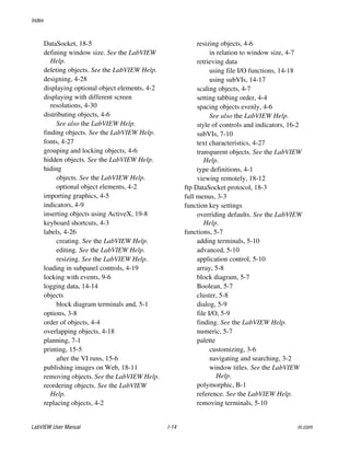 Index
LabVIEW User Manual I-14 ni.com
DataSocket, 18-5
defining window size. See the LabVIEW
Help.
deleting objects. See the LabVIEW Help.
designing, 4-28
displaying optional object elements, 4-2
displaying with different screen
resolutions, 4-30
distributing objects, 4-6
See also the LabVIEW Help.
finding objects. See the LabVIEW Help.
fonts, 4-27
grouping and locking objects, 4-6
hidden objects. See the LabVIEW Help.
hiding
objects. See the LabVIEW Help.
optional object elements, 4-2
importing graphics, 4-5
indicators, 4-9
inserting objects using ActiveX, 19-8
keyboard shortcuts, 4-3
labels, 4-26
creating. See the LabVIEW Help.
editing. See the LabVIEW Help.
resizing. See the LabVIEW Help.
loading in subpanel controls, 4-19
locking with events, 9-6
logging data, 14-14
objects
block diagram terminals and, 5-1
options, 3-8
order of objects, 4-4
overlapping objects, 4-18
planning, 7-1
printing, 15-5
after the VI runs, 15-6
publishing images on Web, 18-11
removing objects. See the LabVIEW Help.
reordering objects. See the LabVIEW
Help.
replacing objects, 4-2
resizing objects, 4-6
in relation to window size, 4-7
retrieving data
using file I/O functions, 14-18
using subVIs, 14-17
scaling objects, 4-7
setting tabbing order, 4-4
spacing objects evenly, 4-6
See also the LabVIEW Help.
style of controls and indicators, 16-2
subVIs, 7-10
text characteristics, 4-27
transparent objects. See the LabVIEW
Help.
type definitions, 4-1
viewing remotely, 18-12
ftp DataSocket protocol, 18-3
full menus, 3-3
function key settings
overriding defaults. See the LabVIEW
Help.
functions, 5-7
adding terminals, 5-10
advanced, 5-10
application control, 5-10
array, 5-8
block diagram, 5-7
Boolean, 5-7
cluster, 5-8
dialog, 5-9
file I/O, 5-9
finding. See the LabVIEW Help.
numeric, 5-7
palette
customizing, 3-6
navigating and searching, 3-2
window titles. See the LabVIEW
Help.
polymorphic, B-1
reference. See the LabVIEW Help.
removing terminals, 5-10
 
