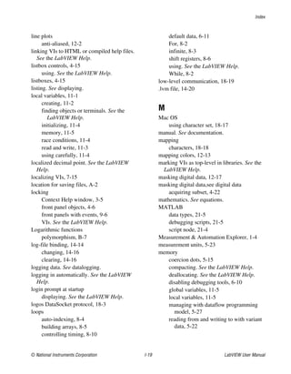 Index
© National Instruments Corporation I-19 LabVIEW User Manual
line plots
anti-aliased, 12-2
linking VIs to HTML or compiled help files.
See the LabVIEW Help.
listbox controls, 4-15
using. See the LabVIEW Help.
listboxes, 4-15
listing. See displaying.
local variables, 11-1
creating, 11-2
finding objects or terminals. See the
LabVIEW Help.
initializing, 11-4
memory, 11-5
race conditions, 11-4
read and write, 11-3
using carefully, 11-4
localized decimal point. See the LabVIEW
Help.
localizing VIs, 7-15
location for saving files, A-2
locking
Context Help window, 3-5
front panel objects, 4-6
front panels with events, 9-6
VIs. See the LabVIEW Help.
Logarithmic functions
polymorphism, B-7
log-file binding, 14-14
changing, 14-16
clearing, 14-16
logging data. See datalogging.
logging in automatically. See the LabVIEW
Help.
login prompt at startup
displaying. See the LabVIEW Help.
logos DataSocket protocol, 18-3
loops
auto-indexing, 8-4
building arrays, 8-5
controlling timing, 8-10
default data, 6-11
For, 8-2
infinite, 8-3
shift registers, 8-6
using. See the LabVIEW Help.
While, 8-2
low-level communication, 18-19
.lvm file, 14-20
M
Mac OS
using character set, 18-17
manual. See documentation.
mapping
characters, 18-18
mapping colors, 12-13
marking VIs as top-level in libraries. See the
LabVIEW Help.
masking digital data, 12-17
masking digital data,see digital data
acquiring subset, 4-22
mathematics. See equations.
MATLAB
data types, 21-5
debugging scripts, 21-5
script node, 21-4
Measurement & Automation Explorer, 1-4
measurement units, 5-23
memory
coercion dots, 5-15
compacting. See the LabVIEW Help.
deallocating. See the LabVIEW Help.
disabling debugging tools, 6-10
global variables, 11-5
local variables, 11-5
managing with dataflow programming
model, 5-27
reading from and writing to with variant
data, 5-22
 