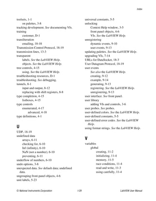 Index
© National Instruments Corporation I-29 LabVIEW User Manual
toolsets, 1-1
on palettes, 3-8
tracking development. See documenting VIs.
training
customer, D-1
transliteration
emailing, 18-18
Transmission Control Protocol, 18-19
transmission lines, 13-3
transparent
labels. See the LabVIEW Help.
objects. See the LabVIEW Help.
tree controls, 4-15
using. See the LabVIEW Help.
troubleshooting resources, D-1
troubleshooting. See debugging.
tunnels, 8-1
input and output, 8-12
replacing with shift registers, 8-8
type completion, 4-15
listboxes, 4-15
type controls
enumerated, 4-17
advanced, 4-18
type definitions, 4-1
U
UDP, 18-19
undefined data
arrays, 6-11
checking for, 6-10
Inf (infinity), 6-10
NaN (not a number), 6-10
preventing, 6-11
underflow of numbers, 6-10
undo options, 3-8
unexpected data. See default data; undefined
data.
ungrouping front panel objects, 4-6
unit labels, 5-23
universal constants, 5-5
unlocking
Context Help window, 3-5
front panel objects, 4-6
VIs. See the LabVIEW Help.
unregistering
dynamic events, 9-10
user events, 9-13
updating palettes. See the LabVIEW Help.
upgrading VIs, 7-14
URLs for DataSocket, 18-3
User Datagram Protocol, 18-19
user events
See also the LabVIEW Help.
creating, 9-12
example, 9-14
generating, 9-13
registering. See the LabVIEW Help.
unregistering, 9-13
user interface. See front panel.
user library
adding VIs and controls, 3-6
user probes. See probes.
user-defined colors. See the LabVIEW Help.
user-defined constants, 5-5
user-defined error codes. See the LabVIEW
Help.
using format strings. See the LabVIEW Help.
V
variables
global
creating, 11-2
initializing, 11-4
memory, 11-5
race conditions, 11-4
read and write, 11-3
using carefully, 11-4
 