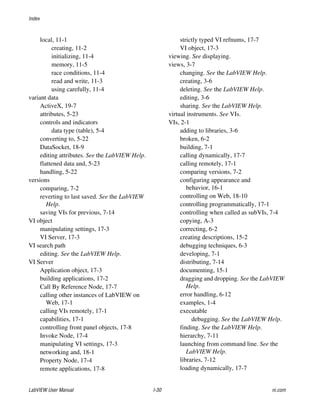 Index
LabVIEW User Manual I-30 ni.com
local, 11-1
creating, 11-2
initializing, 11-4
memory, 11-5
race conditions, 11-4
read and write, 11-3
using carefully, 11-4
variant data
ActiveX, 19-7
attributes, 5-23
controls and indicators
data type (table), 5-4
converting to, 5-22
DataSocket, 18-9
editing attributes. See the LabVIEW Help.
flattened data and, 5-23
handling, 5-22
versions
comparing, 7-2
reverting to last saved. See the LabVIEW
Help.
saving VIs for previous, 7-14
VI object
manipulating settings, 17-3
VI Server, 17-3
VI search path
editing. See the LabVIEW Help.
VI Server
Application object, 17-3
building applications, 17-2
Call By Reference Node, 17-7
calling other instances of LabVIEW on
Web, 17-1
calling VIs remotely, 17-1
capabilities, 17-1
controlling front panel objects, 17-8
Invoke Node, 17-4
manipulating VI settings, 17-3
networking and, 18-1
Property Node, 17-4
remote applications, 17-8
strictly typed VI refnums, 17-7
VI object, 17-3
viewing. See displaying.
views, 3-7
changing. See the LabVIEW Help.
creating, 3-6
deleting. See the LabVIEW Help.
editing, 3-6
sharing. See the LabVIEW Help.
virtual instruments. See VIs.
VIs, 2-1
adding to libraries, 3-6
broken, 6-2
building, 7-1
calling dynamically, 17-7
calling remotely, 17-1
comparing versions, 7-2
configuring appearance and
behavior, 16-1
controlling on Web, 18-10
controlling programmatically, 17-1
controlling when called as subVIs, 7-4
copying, A-3
correcting, 6-2
creating descriptions, 15-2
debugging techniques, 6-3
developing, 7-1
distributing, 7-14
documenting, 15-1
dragging and dropping. See the LabVIEW
Help.
error handling, 6-12
examples, 1-4
executable
debugging. See the LabVIEW Help.
finding. See the LabVIEW Help.
hierarchy, 7-11
launching from command line. See the
LabVIEW Help.
libraries, 7-12
loading dynamically, 17-7
 