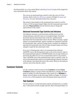 Chapter 4 Building the Front Panel
LabVIEW User Manual 4-18 ni.com
this functionality, use a ring control. Refer to the Ring Controls section of this chapter for
more information about ring controls.
You can use an enumerated type control to select the cases of a Case
structure. Refer to the Case Structures section of Chapter 8, Loops and
Structures, for more information about Case structures.
The numeric representation of the enumerated type control is an 8-bit,
16-bit, or 32-bit unsigned integer. Right-click the enumerated type control
and select Representation from the shortcut menu to change the
representation of the control.
Advanced Enumerated Type Controls and Indicators
All arithmetic functions except Increment and Decrement treat the
enumerated type control the same as an unsigned integer. Increment
increments the last enumerated value to the first, and Decrement
decrements the first enumerated value to the last. When coercing a signed
integer to an enumerated type, negative numbers are changed to equal the
first enumerated value, and out-of-range positive numbers are changed to
equal the last enumerated value. Out-of-range unsigned integers are always
changed to equal the last enumerated value.
If you wire a floating-point value to an enumerated type indicator,
LabVIEW coerces the floating-point value to the closest numeric value in
the enumerated type indicator. LabVIEW handles out-of-range numbers as
previously described. If you wire an enumerated control to any numeric
value, LabVIEW coerces the enumerated type value to a numeric value. To
wire an enumerated type control to an enumerated type indicator, the items
in the indicator must match the items in the control. However, the indicator
can have more items than the control.
Container Controls
Use the container controls located on the Containers and the Classic
Containers palettes to group controls and indicators, to display the front
panel of another VI on the front panel of the current VI, or (Windows) to
display ActiveX objects on the front panel. Refer to Chapter 19, Windows
Connectivity, of this manual for more information about using ActiveX.
Tab Controls
Use tab controls to overlap front panel controls and indicators in a smaller
area. A tab control consists of pages and tabs. Place front panel objects on
 