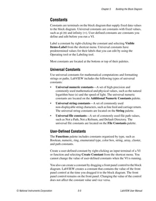 Chapter 5 Building the Block Diagram
© National Instruments Corporation 5-5 LabVIEW User Manual
Constants
Constants are terminals on the block diagram that supply fixed data values
to the block diagram. Universal constants are constants with fixed values,
such as pi (π) and infinity (∞). User-defined constants are constants you
define and edit before you run a VI.
Label a constant by right-clicking the constant and selecting Visible
Items»Label from the shortcut menu. Universal constants have
predetermined values for their labels that you can edit by using the
Operating tool or the Labeling tool.
Most constants are located at the bottom or top of their palettes.
Universal Constants
Use universal constants for mathematical computations and formatting
strings or paths. LabVIEW includes the following types of universal
constants:
• Universal numeric constants—A set of high-precision and
commonly used mathematical and physical values, such as the natural
logarithm base (e) and the speed of light. The universal numeric
constants are located on the Additional Numeric Constants palette.
• Universal string constants—A set of commonly used
non-displayable string characters, such as line feed and carriage return.
The universal string constants are located on the String palette.
• Universal file constants—A set of commonly used file path values,
such as Not a Path, Not a Refnum, and Default Directory. The
universal file constants are located on the File Constants palette.
User-Defined Constants
The Functions palette includes constants organized by type, such as
Boolean, numeric, ring, enumerated type, color box, string, array, cluster,
and path constants.
Create a user-defined constant by right-clicking an input terminal of a VI
or function and selecting Create Constant from the shortcut menu. You
cannot change the value of user-defined constants when the VI is running.
You also can create a constant by dragging a front panel control to the block
diagram. LabVIEW creates a constant that contains the value of the front
panel control at the time you dragged it to the block diagram. The front
panel control remains on the front panel. Changing the value of the control
does not affect the constant value and vice versa.
 