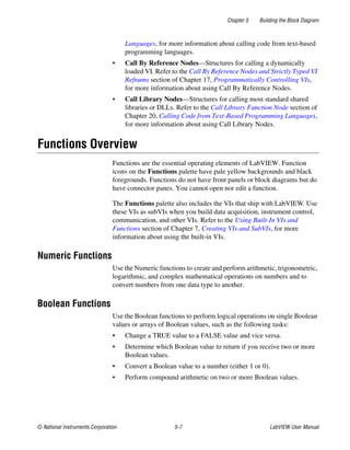 Chapter 5 Building the Block Diagram
© National Instruments Corporation 5-7 LabVIEW User Manual
Languages, for more information about calling code from text-based
programming languages.
• Call By Reference Nodes—Structures for calling a dynamically
loaded VI. Refer to the Call By Reference Nodes and Strictly Typed VI
Refnums section of Chapter 17, Programmatically Controlling VIs,
for more information about using Call By Reference Nodes.
• Call Library Nodes—Structures for calling most standard shared
libraries or DLLs. Refer to the Call Library Function Node section of
Chapter 20, Calling Code from Text-Based Programming Languages,
for more information about using Call Library Nodes.
Functions Overview
Functions are the essential operating elements of LabVIEW. Function
icons on the Functions palette have pale yellow backgrounds and black
foregrounds. Functions do not have front panels or block diagrams but do
have connector panes. You cannot open nor edit a function.
The Functions palette also includes the VIs that ship with LabVIEW. Use
these VIs as subVIs when you build data acquisition, instrument control,
communication, and other VIs. Refer to the Using Built-In VIs and
Functions section of Chapter 7, Creating VIs and SubVIs, for more
information about using the built-in VIs.
Numeric Functions
Use the Numeric functions to create and perform arithmetic, trigonometric,
logarithmic, and complex mathematical operations on numbers and to
convert numbers from one data type to another.
Boolean Functions
Use the Boolean functions to perform logical operations on single Boolean
values or arrays of Boolean values, such as the following tasks:
• Change a TRUE value to a FALSE value and vice versa.
• Determine which Boolean value to return if you receive two or more
Boolean values.
• Convert a Boolean value to a number (either 1 or 0).
• Perform compound arithmetic on two or more Boolean values.
 