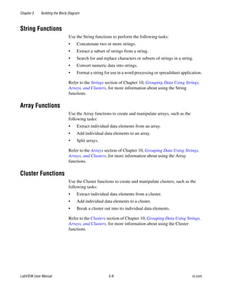 Chapter 5 Building the Block Diagram
LabVIEW User Manual 5-8 ni.com
String Functions
Use the String functions to perform the following tasks:
• Concatenate two or more strings.
• Extract a subset of strings from a string.
• Search for and replace characters or subsets of strings in a string.
• Convert numeric data into strings.
• Format a string for use in a word processing or spreadsheet application.
Refer to the Strings section of Chapter 10, Grouping Data Using Strings,
Arrays, and Clusters, for more information about using the String
functions.
Array Functions
Use the Array functions to create and manipulate arrays, such as the
following tasks:
• Extract individual data elements from an array.
• Add individual data elements to an array.
• Split arrays.
Refer to the Arrays section of Chapter 10, Grouping Data Using Strings,
Arrays, and Clusters, for more information about using the Array
functions.
Cluster Functions
Use the Cluster functions to create and manipulate clusters, such as the
following tasks:
• Extract individual data elements from a cluster.
• Add individual data elements to a cluster.
• Break a cluster out into its individual data elements.
Refer to the Clusters section of Chapter 10, Grouping Data Using Strings,
Arrays, and Clusters, for more information about using the Cluster
functions.
 