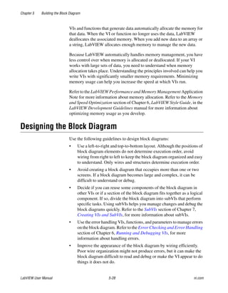 Chapter 5 Building the Block Diagram
LabVIEW User Manual 5-28 ni.com
VIs and functions that generate data automatically allocate the memory for
that data. When the VI or function no longer uses the data, LabVIEW
deallocates the associated memory. When you add new data to an array or
a string, LabVIEW allocates enough memory to manage the new data.
Because LabVIEW automatically handles memory management, you have
less control over when memory is allocated or deallocated. If your VI
works with large sets of data, you need to understand when memory
allocation takes place. Understanding the principles involved can help you
write VIs with significantly smaller memory requirements. Minimizing
memory usage can help you increase the speed at which VIs run.
Refer to the LabVIEW Performance and Memory Management Application
Note for more information about memory allocation. Refer to the Memory
and Speed Optimization section of Chapter 6, LabVIEW Style Guide, in the
LabVIEW Development Guidelines manual for more information about
optimizing memory usage as you develop.
Designing the Block Diagram
Use the following guidelines to design block diagrams:
• Use a left-to-right and top-to-bottom layout. Although the positions of
block diagram elements do not determine execution order, avoid
wiring from right to left to keep the block diagram organized and easy
to understand. Only wires and structures determine execution order.
• Avoid creating a block diagram that occupies more than one or two
screens. If a block diagram becomes large and complex, it can be
difficult to understand or debug.
• Decide if you can reuse some components of the block diagram in
other VIs or if a section of the block diagram fits together as a logical
component. If so, divide the block diagram into subVIs that perform
specific tasks. Using subVIs helps you manage changes and debug the
block diagrams quickly. Refer to the SubVIs section of Chapter 7,
Creating VIs and SubVIs, for more information about subVIs.
• Use the error handling VIs, functions, and parameters to manage errors
on the block diagram. Refer to the Error Checking and Error Handling
section of Chapter 6, Running and Debugging VIs, for more
information about handling errors.
• Improve the appearance of the block diagram by wiring efficiently.
Poor wire organization might not produce errors, but it can make the
block diagram difficult to read and debug or make the VI appear to do
things it does not do.
 