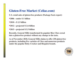 Gluten-Free Market (Celiac.com)
U.S. retail sales of gluten-free products (Package Facts report)
2006 – under $ 1 billion
2010 – $ 2.3 billion
2012 – projected $ 2.6 billion
2015 – projected $ 5.5 billion
Recently, General Mills transformed its popular Rice Chex cereal
into a gluten-free product without any change to the taste.
As of November 2010, General Mills claims to offer 250 gluten-free
products, including five varieties of Chex and numerous products
under the popular Betty Crocker and Bisquick brands.
 