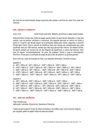 320 Jogos Escoteiros
õ¿õ Lecão Centro de Difusão do Conhecimento Escoteiro Aldo Chioratto 170
Ao final de um determinado tempo as partes são unidas e verifica-se como fica cada Ser
Humano.
290. SIGAM O AZIMUTH
local: livre material por patrulha: Bússola, prancheta e papel quadriculado.
Cada patrulha recebe uma folha de papel quadriculado na qual devem desenhar a rosa dos
ventos, com os pontos cardinais e colaterais. Em seguida marcam no centro da folha o
ponto A. A partir daí devem seguir as orientações dadas pelo chefe, seguindo o azimuth
ditado pelo chefe. Para o cálculo de distância deve ser levado em consideração que cada
quadrado vale por 100 metros, mesmo que não seja percorrido inteiro. Da mesma forma,
um ponto sempre se iniciará em um dos ângulos da quadrícula, e nunca nas laterais. Isto
leva há alguns "arredondamentos" de grau. De qualquer forma o jogo é interessante,
facilita o treino para a confeção do mapa de percurso de gilwell e os jovens gostam.
Dois roteiros, cada um levando ao final a um desenho diferente. Invente os seus.
desenho 1
A - 90º / 700 m B - 60º / 300 m C - 270º / 300 m D - 345º / 200 m
E - 270º / 500 m F - 225º / 300 m G - 90º / 200 m H - 180º / 1000 m I - 90º / 200 m
J - 180º / 200 m K - 90º / 400 m L - 360º / 200 m M - 90º / 200 m N - 360º / 200 m
O - 270º / 100 m P - 360º / 100 m Q - 90º / 100 m R - 360º / 200 m S - 90º / 200 m
T - 360º / 200 m U - 270º / 300 m V - 360º / 200 m X - 90º / 100 m Z - 315º / 100 m
desenho 2
A - 30º / 300 m B - 150º / 300 m C - 320º / 200 m D - 220º / 200 m
E - 300º / 200 m F - 160º / 200 m G - 240º / 300 m H - 120º / 300 m I - 200º / 200 m
J - 60º / 200 m K - 150º / 300 m L - 30º / 300 m M - 120º / 200 m N - 330º / 200 m
O - 60º / 300 m P - 300º / 300 m Q - 40º / 200 m R - 240º / 200 m S - 180º / 100 m
T - 225º / 200 m U - 360º / 200 m V - 135º / 200 m X - 300º / 200 m Z - 360º / 100 m
291. SOM DO SILÊNCIO
Tipo: Intelectual
Aplicação: Lobinhos, Escoteiros, Seniores e Pioneiros
Todos os participante ficam de olhos fechados e em silêncio por cinco minutos. Depois,
por equipes, põem no papel todos os sons escutados.
 