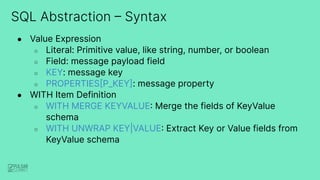 SQL Abstraction – Syntax
● Value Expression
○ Literal: Primitive value, like string, number, or boolean
○ Field: message p...