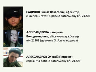 САДИКОВ Ришат Вакасович, єфрейтор,
снайпер 1 групи 4 роти 2 батальйону в/ч 21208
АЛЕКСАНДРОВА Катерина
Володимирівна, військовослужбовець
в/ч 21208 (дружина О. Александрова)
АЛЕКСАНДРОВ Олексій Петрович,
сержант 4 роти 2 батальйону в/ч 21208
 