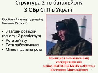 9
Командира 2-го батальйону
спецпризначення
майор НАПОЛЬСЬКИХ («Фагот»)
Костянтин Миколайович
Особовий склад підрозділу:
близько 220 осіб
• 3 загони розвідки
(всього 12 розвідгруп)
• Рота зв'язку
• Рота забезпечення
• Мінно-підривна рота
Структура 2-го батальйону
3 ОБр СпП в Україні
 