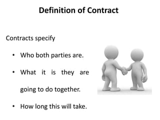 Definition of Contract
Contracts specify
• Who both parties are.
• What it is they are
going to do together.
• How long this will take.
 