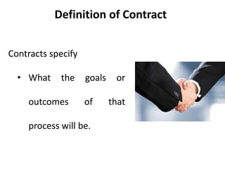 Definition of Contract
Contracts specify
• What the goals or
outcomes of that
process will be.
 