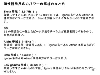 10
聴性誘発反応のパワーの解析のまとめ
Theta 帯域（ 3.5-7Hz ）：
知覚しやすい 4.44Hz-BB や 5.71Hz-BB では、 Ignore 条件より Attend 条
件の方がパワーが大きい。 Beat を知覚しにくくなる 8Hz-BB では差がな
い。
BB:
BB の周波数に一致したピークが出るチャネルが被験者間でずれるので、
有意差が出ない。
Alpha 帯域（ 7-15Hz ）：
側頭部・頭頂部・後頭部において、 Ignore 条件より Attend 条件の方がパ
ワーが著明に大きい。
Beta 帯域（ 15-30Hz ）：
Ignore 条件より Attend 条件の方がパワーが大きい。
Low gamma 帯域（ 30-65Hz ）：
知覚しやすい 4.44Hz-BB では、 Ignore 条件より Attend 条件の方がパワー
が大きい。
 