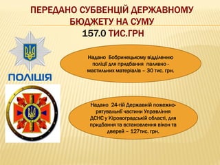Надано Бобринецькому відділенню
поліції для придбання паливно -
мастильних матеріалів – 30 тис. грн.
Надано 24-тій Державній пожежно-
рятувальнІї частини Управління
ДСНС у Кіровоградській області, для
придбання та встановлення вікон та
дверей – 127тис. грн.
 