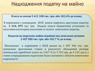 Плата за землю 5 612 108 тис. грн. або 102,4% до плану.
В порівнянні з попереднім 2018 роком відбулось зростання податку
на 1 214, 075 тис. грн. Надано пільги бюджетним установам та
пільговим категоріям населення зі сплати земельного податку.
Податок на нерухоме майно відмінне від земельної ділянки
2 407 565 тис. грн. або 102,7 % до плану.
Збільшення в порівнянні з 2018 роком на 1 057 943 тис. грн.
зумовлене зростанням ставок в результаті збільшення розміру
мінімальної заробітної плати на 110,7 % (з 3 723 грн. до 4 123 грн.), а
також упорядкування податкової бази платників з об’єктів нежитлової
нерухомості.
 