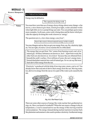 HOME SCIENCE
MODULE - 3
Notes
Energy Conservation
Resource Management
232
14.1 WHAT IS ENERGY?
Energymaybedefinedas
The capacity for doing work.
You must have seen that use of energy always brings about some change -a fan
moves, a stove burns to give heat, a torch gives light, a solar calculator works
when light falls on it or a pump brings up water.You can perhaps quote many
more examples. In all cases, some work is being done and the factor which pro-
vides the capacity for doing this work is known as ‘energy’.
The question now is, where does energy come from? .
Sun is the source of most natural energy in this world.
Youmaydisagreeandsaythatyougetyourenergyfrom,say,fire,electricity,light,
etc.You are right, of course. Let us examine this in a little detail.
The energy that you get from ‘fire’ comes from burning wood, coal, oil or
natural gas. All these substances are known as ‘fuels’. Apart from wood, the
other fuels are also known as ‘fossil fuels’ because they are obtained from
beneath the earth’s surface. Over millions of years, the sun’s energy trans-
formed dead plant material into coal/oil/natural gas. So we can say that most
fuelsderivetheirenergyfromthesun.
‘Electricity’is produced with the help of moving water, steam, coal or oil.You
already know that coal and oil derive their energy from the sun. Moving water,
too, derives its energy from the sun as it is a part of the water cycle caused by the
sun.
Fig. 14.1: The Water Cycle.
There are some other sources of energy like wind, nuclear fuel, geothermal en-
ergy, etc. Have you heard of windmills?When the sun causes a change in the air
temperature, a wind is caused and we use the energy of this moving wind for
various purposes. The energy released during nuclear reactions in nuclear fuels
likeplutoniumanduraniumisalsousedtoproduceelectricity.Geothermalenergy
 