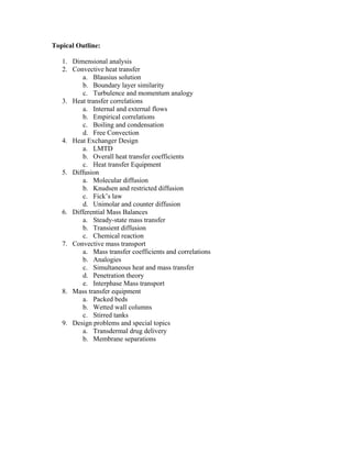 Topical Outline:
1. Dimensional analysis
2. Convective heat transfer
a. Blausius solution
b. Boundary layer similarity
c. Turbulence and momentum analogy
3. Heat transfer correlations
a. Internal and external flows
b. Empirical correlations
c. Boiling and condensation
d. Free Convection
4. Heat Exchanger Design
a. LMTD
b. Overall heat transfer coefficients
c. Heat transfer Equipment
5. Diffusion
a. Molecular diffusion
b. Knudsen and restricted diffusion
c. Fick’s law
d. Unimolar and counter diffusion
6. Differential Mass Balances
a. Steady-state mass transfer
b. Transient diffusion
c. Chemical reaction
7. Convective mass transport
a. Mass transfer coefficients and correlations
b. Analogies
c. Simultaneous heat and mass transfer
d. Penetration theory
e. Interphase Mass transport
8. Mass transfer equipment
a. Packed beds
b. Wetted wall columns
c. Stirred tanks
9. Design problems and special topics
a. Transdermal drug delivery
b. Membrane separations
 