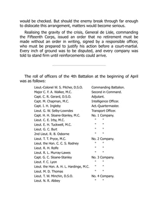 would be checked. But should the enemy break through far enough
to dislocate this arrangement, matters would become serious.
Realising the gravity of the crisis, General de Lisle, commanding
the Fifteenth Corps, issued an order that no retirement must be
made without an order in writing, signed by a responsible officer,
who must be prepared to justify his action before a court-martial.
Every inch of ground was to be disputed, and every company was
told to stand firm until reinforcements could arrive.
The roll of officers of the 4th Battalion at the beginning of April
was as follows:
Lieut.-Colonel W. S. Pilcher, D.S.O. Commanding Battalion.
Major C. F. A. Walker, M.C. Second in Command.
Capt. C. R. Gerard, D.S.O. Adjutant.
Capt. M. Chapman, M.C. Intelligence Officer.
Capt. I. H. Ingleby Act.-Quartermaster.
Lieut. G. W. Selby-Lowndes Transport Officer.
Capt. H. H. Sloane-Stanley, M.C. No. 1 Company.
Lieut. C. E. Irby, M.C. " "
Lieut. E. H. Tuckwell, M.C. " "
Lieut. G. C. Burt " "
2nd Lieut. R. B. Osborne " "
Lieut. T. T. Pryce, M.C. No. 2 Company.
Lieut. the Hon. C. C. S. Rodney " "
Lieut. R. H. Rolfe " "
Lieut. R. L. Murray-Lawes " "
Capt. G. C. Sloane-Stanley No. 3 Company.
Lieut. F. C. Lyon " "
Lieut. the Hon. A. H. L. Hardinge, M.C. " "
Lieut. M. D. Thomas " "
Lieut. T. W. Minchin, D.S.O. No. 4 Company.
Lieut. N. R. Abbey " "
 