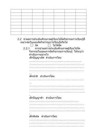 2.2 นำาผลการประเมินศักยภาพผู้เรียนไปจัดกิจกรรมการเรียนรู้ที่
เหมาะสมในแผนจัดกิจกรรมการเรียนรู้หรือไม่
จัด ไม่ได้จัด
2.2.1 หากนำาผลการประเมินศักยภาพผู้เรียนไปจัด
กิจกรรมในแผนการจัดกิจกรรมการเรียนรู้ ให้ระบุว่า
ดำาเนินการอย่างไร
เด็กปัญญาเลิศ ดำาเนินการโดย
……………………………………………………
………………………………………………………
………………………………………………………
………………………………………………………
…
เด็กปกติ ดำาเนินกรโดย
………………………………………………………
…
………………………………………………………
………………………………………………………
……………………………………………………….
.
เด็กปัญญาช้า ดำาเนินการโดย
…………………………………………………
………………………………………………………
………………………………………………………
……………………………………………………….
.
เด็กพิเศษ ดำาเนินการโดย
……………………………………………………….
………………………………………………………
………………………………………………………
 
