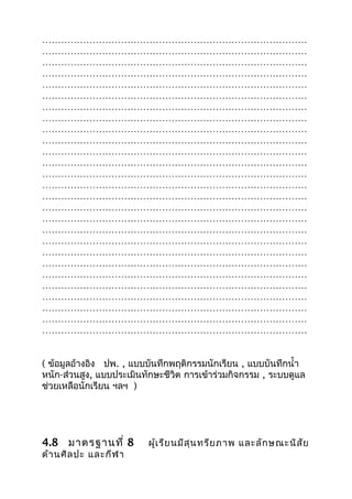 …………………………………………………………………………
…………………………………………………………………………
…………………………………………………………………………
…………………………………………………………………………
…………………………………………………………………………
…………………………………………………………………………
…………………………………………………………………………
…………………………………………………………………………
…………………………………………………………………………
…………………………………………………………………………
…………………………………………………………………………
…………………………………………………………………………
…………………………………………………………………………
…………………………………………………………………………
…………………………………………………………………………
…………………………………………………………………………
…………………………………………………………………………
…………………………………………………………………………
…………………………………………………………………………
…………………………………………………………………………
…………………………………………………………………………
…………………………………………………………………………
…………………………………………………………………………
…………………………………………………………………………
…………………………………………………………………………
…………………………………………………………………………
…………………………………………………………………………
( ข้อมูลอ้างอิง ปพ. , แบบบันทึกพฤติกรรมนักเรียน , แบบบันทึกนำ้า
หนัก-ส่วนสูง, แบบประเมินทักษะชีวิต การเข้าร่วมกิจกรรม , ระบบดูแล
ช่วยเหลือนักเรียน ฯลฯ )
4.8 มาตรฐานที่ 8 ผู้เรียนมีสุนทรียภาพ และลักษณะนิสัย
ด้านศิลปะ และกีฬา
 