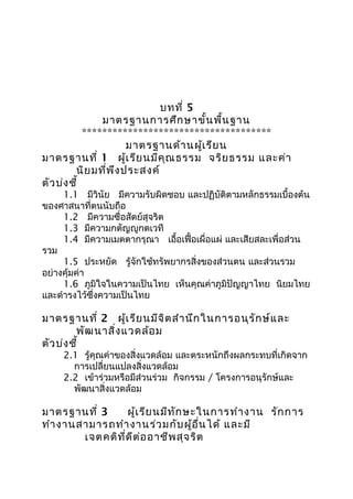 บทที่ 5
มาตรฐานการศึกษาขั้นพื้นฐาน
*************************************
มาตรฐานด้านผู้เรียน
มาตรฐานที่ 1 ผู้เรียนมีคุณธรรม จริยธรรม และค่า
นิยมที่พึงประสงค์
ตัวบ่งชี้
1.1 มีวินัย มีความรับผิดชอบ และปฏิบัติตามหลักธรรมเบื้องต้น
ของศาสนาที่ตนนับถือ
1.2 มีความซื่อสัตย์สุจริต
1.3 มีความกตัญญูกตเวที
1.4 มีความเมตตากรุณา เอื้อเฟื้อเผื่อแผ่ และเสียสละเพื่อส่วน
รวม
1.5 ประหยัด รู้จักใช้ทรัพยากรสิ่งของส่วนตน และส่วนรวม
อย่างคุ้มค่า
1.6 ภูมิใจในความเป็นไทย เห็นคุณค่าภูมิปัญญาไทย นิยมไทย
และดำารงไว้ซึ่งความเป็นไทย
มาตรฐานที่ 2 ผู้เรียนมีจิตสำานึกในการอนุรักษ์และ
พัฒนาสิ่งแวดล้อม
ตัวบ่งชี้
2.1 รู้คุณค่าของสิ่งแวดล้อม และตระหนักถึงผลกระทบที่เกิดจาก
การเปลี่ยนแปลงสิ่งแวดล้อม
2.2 เข้าร่วมหรือมีส่วนร่วม กิจกรรม / โครงการอนุรักษ์และ
พัฒนาสิ่งแวดล้อม
มาตรฐานที่ 3 ผู้เรียนมีทักษะในการทำางาน รักการ
ทำางานสามารถทำางานร่วมกับผู้อื่นได้ และมี
เจตคติที่ดีต่ออาชีพสุจริต
 