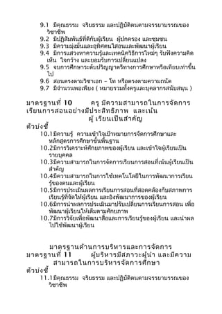 9.1 มีคุณธรรม จริยธรรม และปฏิบัติตนตามจรรยาบรรณของ
วิชาชีพ
9.2 มีปฏิสัมพันธ์ที่ดีกับผู้เรียน ผู้ปกครอง และชุมชน
9.3 มีความมุ่งมั่นและอุทิศตนใสอนและพัฒนาผู้เรียน
9.4 มีการแสวงหาความรู้และเทคนิควิธีการใหม่ๆ รับฟังความคิด
เห็น ใจกว้าง และยอมรับการเปลี่ยนแปลง
9.5 จบการศึกษาระดับปริญญาตรีทางการศึกษาหรือเทียบเท่าขึ้น
ไป
9.6 สอนตรงตามวิชาเอก – โท หรือตรงตามความถนัด
9.7 มีจำานวนพอเพียง ( หมายรวมทั้งครูและบุคลากรสนับสนุน )
มาตรฐานที่ 10 ครู มีความสามารถในการจัดการ
เรียนการสอนอย่างมีประสิทธิภาพ และเน้น
ผู้ เรียนเป็นสำาคัญ
ตัวบ่งชี้
10.1มีความรู้ ความเข้าใจเป้าหมายการจัดการศึกษาและ
หลักสูตรการศึกษาขั้นพื้นฐาน
10.2มีการวิเคราะห์ศักยภาพของผู้เรียน และเข้าใจผู้เรียนเป็น
รายบุคคล
10.3มีความสามารถในการจัดการเรียนการสอนที่เน้นผู้เรียนเป็น
สำาคัญ
10.4มีความสามารถในการใช้เทคโนโลยีในการพัฒนาการเรียน
รู้ของตนและผู้เรียน
10.5มีการประเมินผลการเรียนการสอนที่สอดคล้องกับสภาพการ
เรียนรู้ที่จัดให้ผู้เรียน และอิงพัฒนาการของผู้เรียน
10.6มีการนำาผลการประเมินมาปรับเปลี่ยนการเรียนการสอน เพื่อ
พัฒนาผู้เรียนให้เต็มตามศักยภาพ
10.7มีการวิจัยเพื่อพัฒนาสื่อและการเรียนรู้ของผู้เรียน และนำาผล
ไปใช้พัฒนาผู้เรียน
มาตรฐานด้านการบริหารและการจัดการ
มาตรฐานที่ 11 ผู้บริหารมีสภาวะผู้นำา และมีความ
สามารถในการบริหารจัดการศึกษา
ตัวบ่งชี้
11.1มีคุณธรรม จริยธรรม และปฏิบัติตนตามจรรยาบรรณของ
วิชาชีพ
 