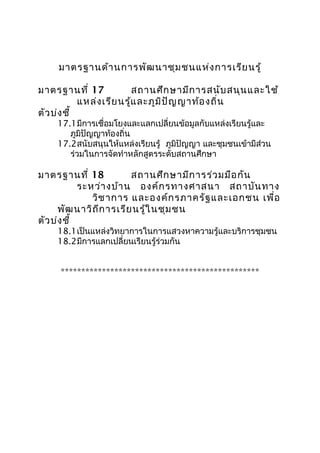 มาตรฐานด้านการพัฒนาชุมชนแห่งการเรียนรู้
มาตรฐานที่ 17 สถานศึกษามีการสนับสนุนและใช้
แหล่งเรียนรู้และภูมิปัญญาท้องถิ่น
ตัวบ่งชี้
17.1มีการเชื่อมโยงและแลกเปลี่ยนข้อมูลกับแหล่งเรียนรู้และ
ภูมิปัญญาท้องถิ่น
17.2สนับสนุนให้แหล่งเรียนรู้ ภูมิปัญญา และชุมชนเข้ามีส่วน
ร่วมในการจัดทำาหลักสูตรระดับสถานศึกษา
มาตรฐานที่ 18 สถานศึกษามีการร่วมมือกัน
ระหว่างบ้าน องค์กรทางศาสนา สถาบันทาง
วิชาการ และองค์กรภาครัฐและเอกชน เพื่อ
พัฒนาวิถีการเรียนรู้ในชุมชน
ตัวบ่งชี้
18.1เป็นแหล่งวิทยาการในการแสวงหาความรู้และบริการชุมชน
18.2มีการแลกเปลี่ยนเรียนรู้ร่วมกัน
************************************************
 