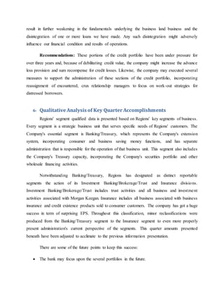 result in further weakening in the fundamentals underlying the business land business and the
disintegration of one or more loans we have made. Any such disintegration might adversely
influence our financial condition and results of operations.
Recommendations: These portions of the credit portfolio have been under pressure for
over three years and, because of debilitating credit value, the company might increase the advance
loss provision and sum recompense for credit losses. Likewise, the company may executed several
measures to support the administration of these sections of the credit portfolio, incorporating
reassignment of encountered, crux relationship managers to focus on work-out strategies for
distressed borrowers.
6- Qualitative Analysis of Key Quarter Accomplishments
Regions' segment qualified data is presented based on Regions' key segments of business.
Every segment is a strategic business unit that serves specific needs of Regions' customers. The
Company's essential segment is Banking/Treasury, which represents the Company's extension
system, incorporating consumer and business saving money functions, and has separate
administration that is responsible for the operation of that business unit. This segment also includes
the Company's Treasury capacity, incorporating the Company's securities portfolio and other
wholesale financing activities.
Notwithstanding Banking/Treasury, Regions has designated as distinct reportable
segments the action of its Investment Banking/Brokerage/Trust and Insurance divisions.
Investment Banking/Brokerage/Trust includes trust activities and all business and investment
activities associated with Morgan Keegan. Insurance includes all business associated with business
insurance and credit existence products sold to consumer customers. The company has got a huge
success in term of surprising EPS. Throughout this classification, minor reclassifications were
produced from the Banking/Treasury segment to the Insurance segment to even more properly
present administration's current perspective of the segments. This quarter amounts presented
beneath have been adjusted to acclimate to the previous information presentation.
There are some of the future points to keep this success:
 The bank may focus upon the several portfolios in the future.
 