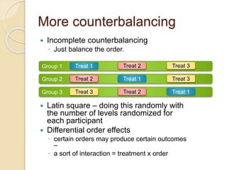 More counterbalancing 
 Incomplete counterbalancing 
◦ Just balance the order. 
Group 1 Treat 1 Treat 2 Treat 3 
Group 2 Treat 2 Treat 1 Treat 3 
Group 3 Treat 3 Treat 2 Treat 1 
 Latin square – doing this randomly with 
the number of levels randomized for 
each participant 
 Differential order effects 
◦ certain orders may produce certain outcomes 
– 
◦ a sort of interaction = treatment x order 
 