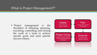 What is Project Management??
 Project management is the
discipline of initiating, planning,
executing, controlling, and closing
the work of a team to achieve
specific goals and meet specific
success criteria.
3
 