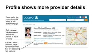 Profile shows more provider details
In some cases,
providers have
reported whether
they are accepting
new patients
Ratings page
shows reviews
and allows
people to leave
reviews
Sources for the
provider profile
listed at the
bottom of page
 