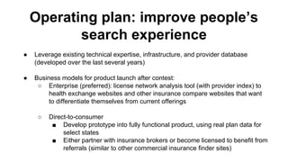 ● Leverage existing technical expertise, infrastructure, and provider database
(developed over the last several years)
● Business models for product launch after contest:
○ Enterprise (preferred): license network analysis tool (with provider index) to
health exchange websites and other insurance compare websites that want
to differentiate themselves from current offerings
○ Direct-to-consumer
■ Develop prototype into fully functional product, using real plan data for
select states
■ Either partner with insurance brokers or become licensed to benefit from
referrals (similar to other commercial insurance finder sites)
Operating plan: improve people’s
search experience
 